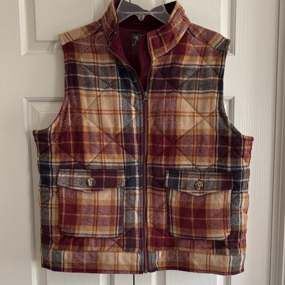 Plaid Zip-Front Vest in Burgundy, Mustard & Navy